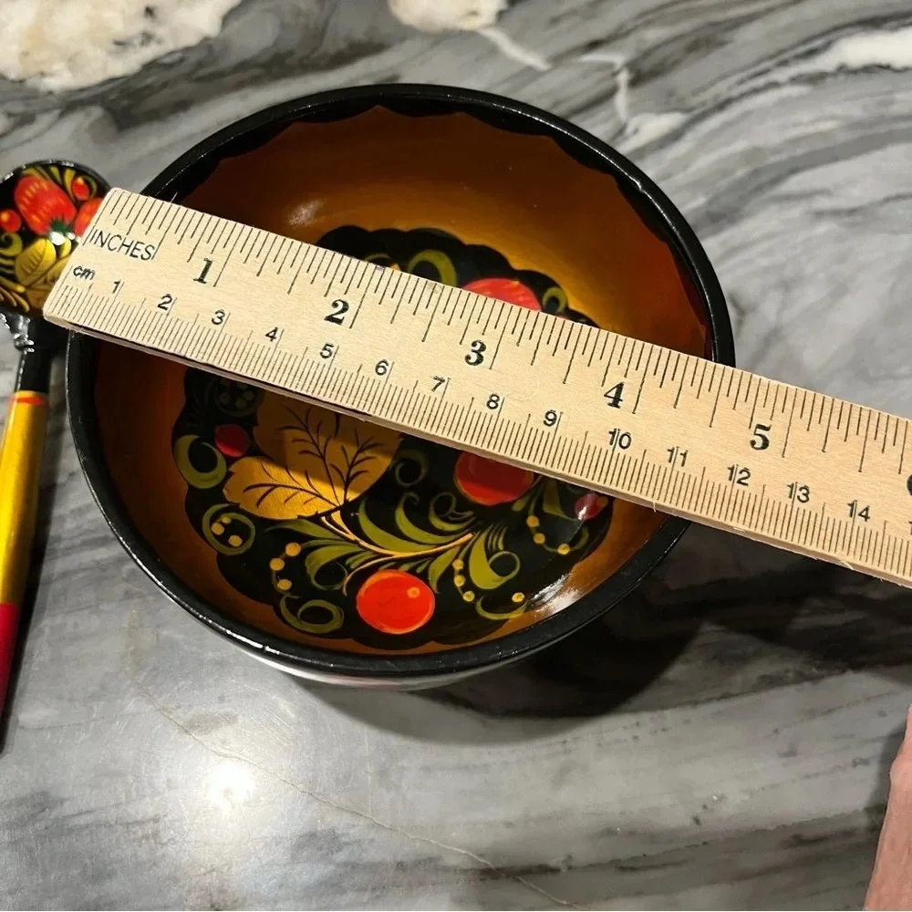 Vintage Russian Folk Art Lacquered Bowl and Spoon Strawberries